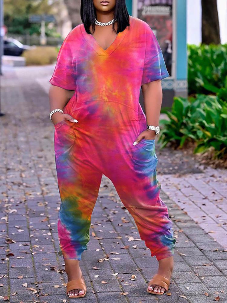 Tie Dye Print Pocket Design Short Sleeve Jumpsuit - LuckyFash™