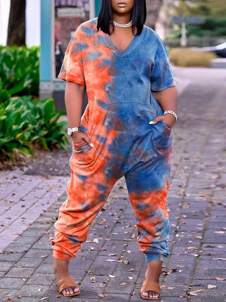 Tie Dye Print Pocket Design Short Sleeve Jumpsuit - LuckyFash™