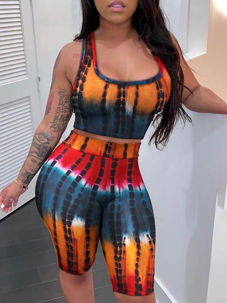 Tie Dye Print Sleeveless Crop Top & High Waisted Shorts Set - LuckyFash™