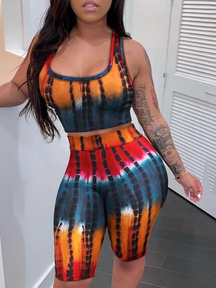 Tie Dye Print Sleeveless Crop Top & High Waisted Shorts Set - LuckyFash™