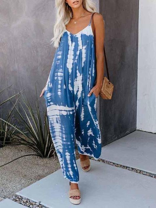 Tie-dye Printed Suspenders Casual Wide-Leg Jumpsuit - LuckyFash™