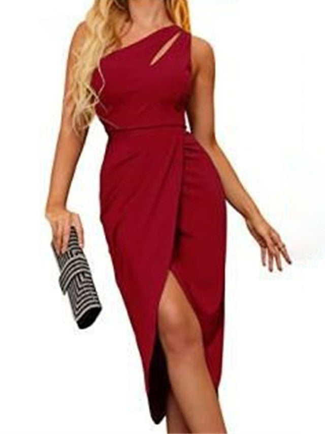 Party Dress Cocktail Dress Sheath Dress Midi Dress Black Wine Blue Sleeveless Pure Color Ruched Summer Spring One Shoulder Fashion Office Evening Party Wedding Guest S M L XL 2XL for Women - LuckyFash™
