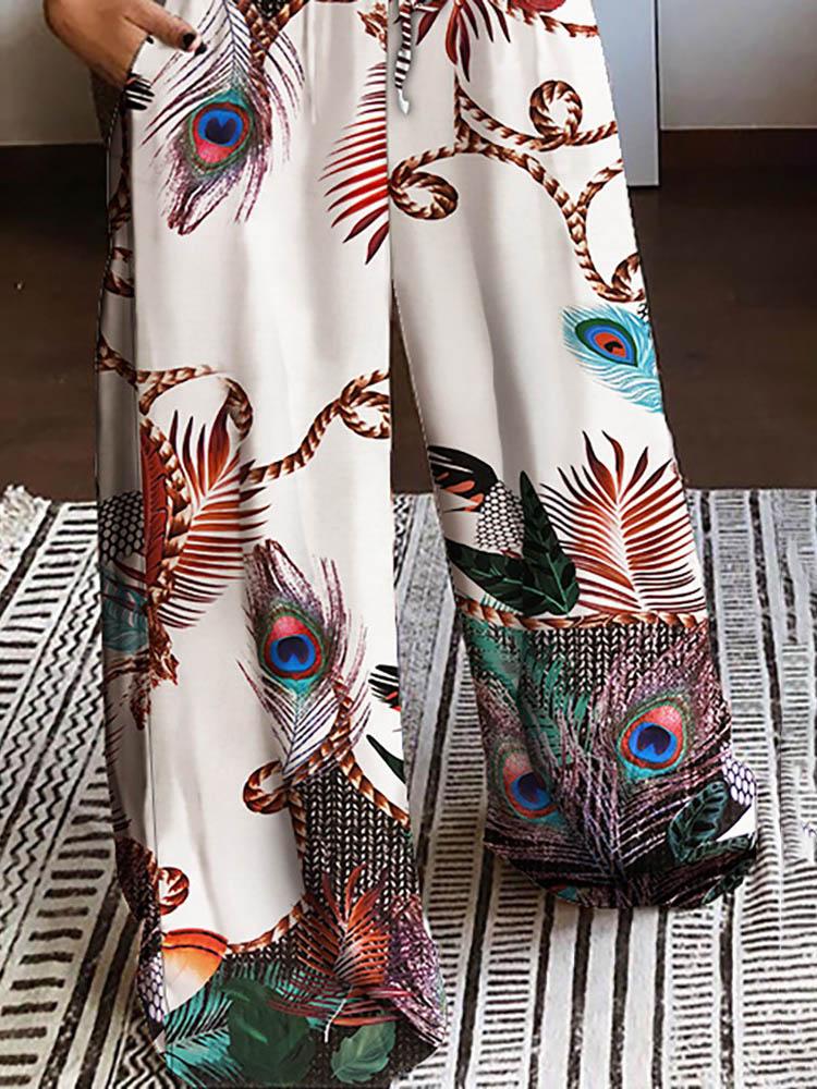 Twisted Front Peacock Print Crop Top & Drawstring Wide Leg Pants Set - LuckyFash™