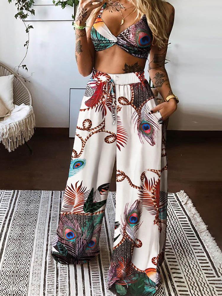 Twisted Front Peacock Print Crop Top & Drawstring Wide Leg Pants Set - LuckyFash™