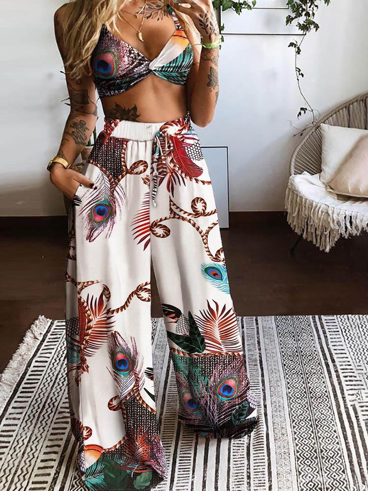 Twisted Front Peacock Print Crop Top & Drawstring Wide Leg Pants Set - LuckyFash™