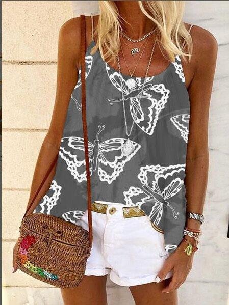 U Neck Butterfly Print Loose Camisole - LuckyFash™