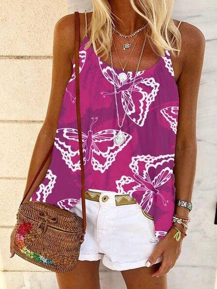 U Neck Butterfly Print Loose Camisole - LuckyFash™