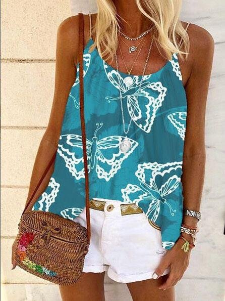 U Neck Butterfly Print Loose Camisole - LuckyFash™