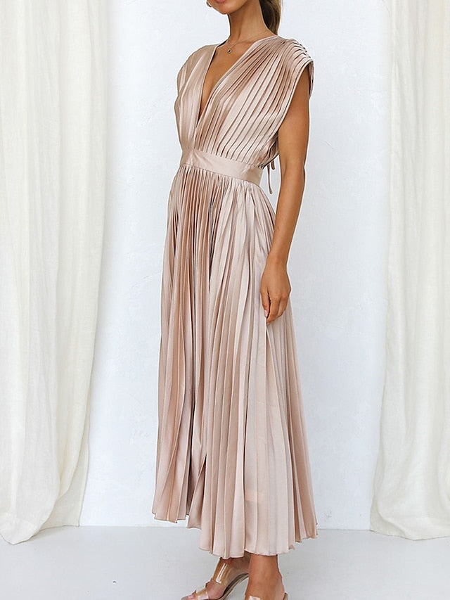 Women's Wedding Guest Dress Swing Dress Formal Dress Long Dress Maxi Dress Black Pink Red Sleeveless Pure Color Pleated Summer Spring Fall V Neck Party Evening Party Wedding Guest Vacation Loose Fit - LuckyFash™