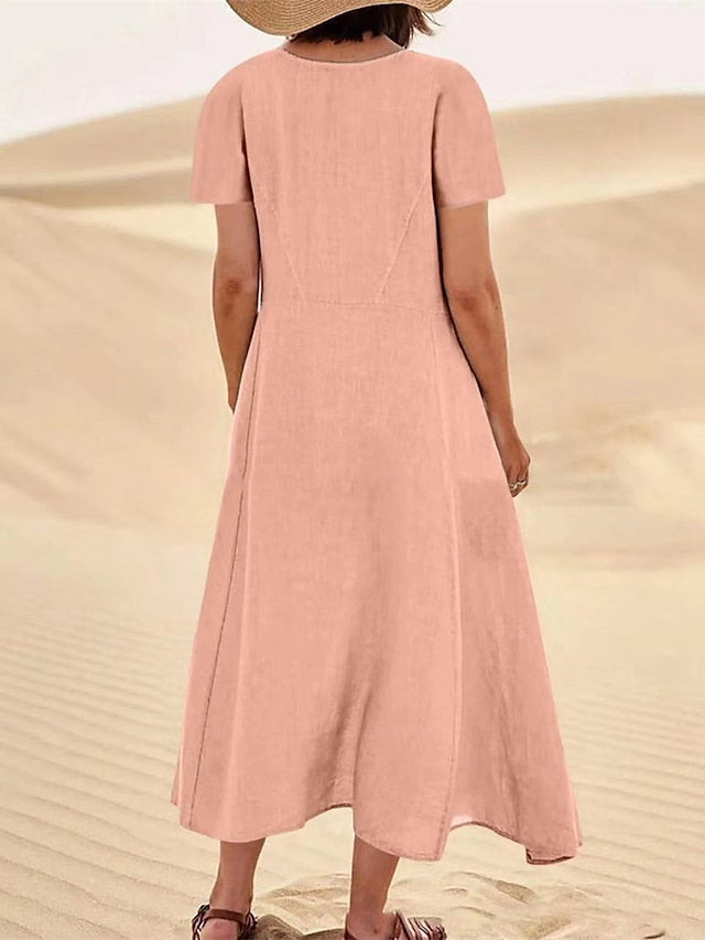Cotton Linen Dress Casual Dress Swing Dress Maxi long Dress Linen Cotton Blend Fashion Classic Outdoor Daily Vacation Crew Neck Pocket Short Sleeve Summer Spring Loose Fit Black Pink Sky for Women - LuckyFash™
