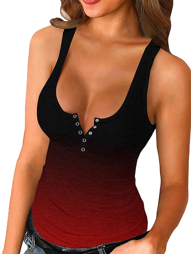 Tank Top Going Out Tops Summer Tops Henley Shirt Red Wine Purple Grey Color Gradient Button Sleeveless Casual Sports Basic Sexy U Neck Slim S for Women - LuckyFash™