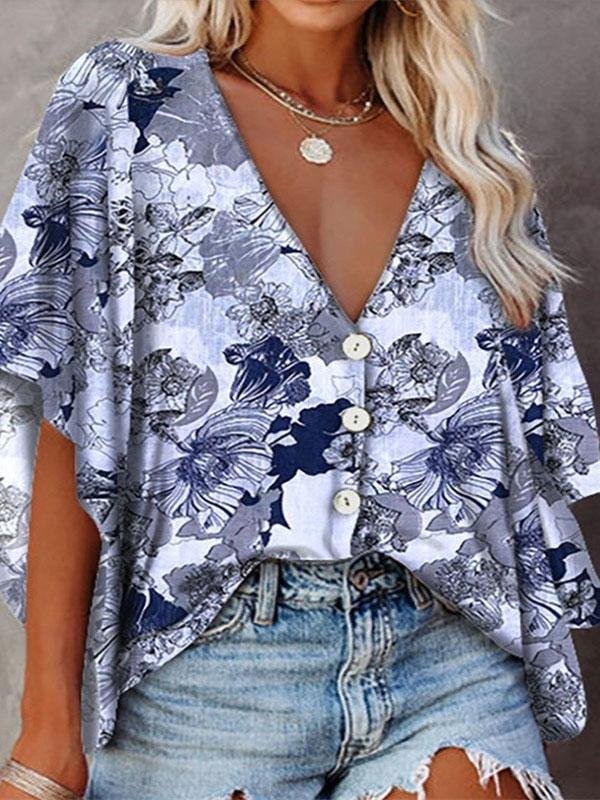V-Neck Bat Sleeve Button Print Blouses - LuckyFash™