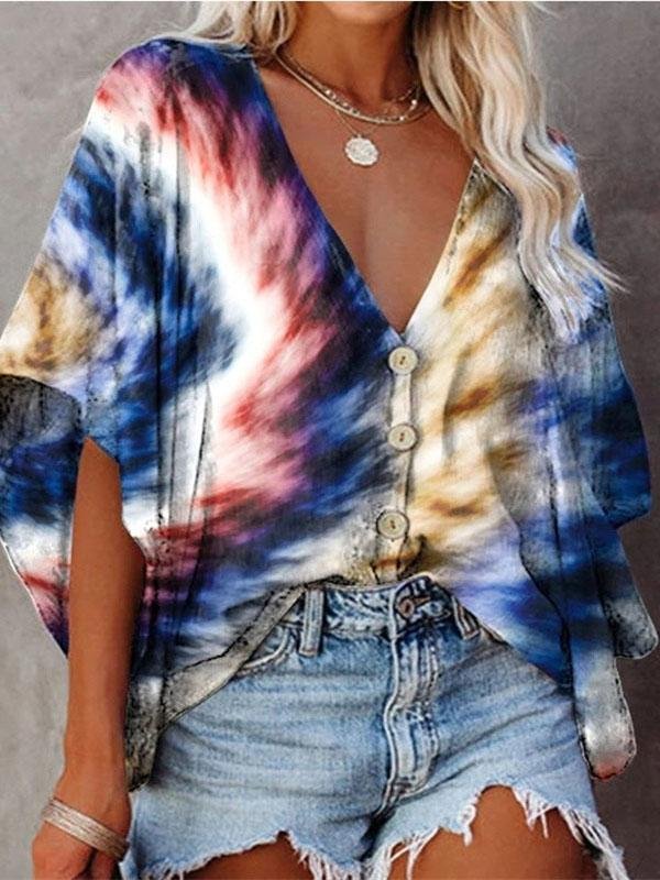 V-Neck Bat Sleeve Button Print Blouses - LuckyFash™
