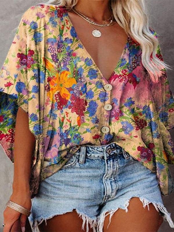 V-Neck Bat Sleeve Button Print Blouses - LuckyFash™