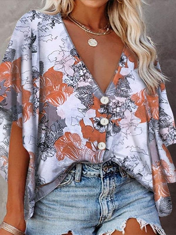 V-Neck Bat Sleeve Button Print Blouses - LuckyFash™