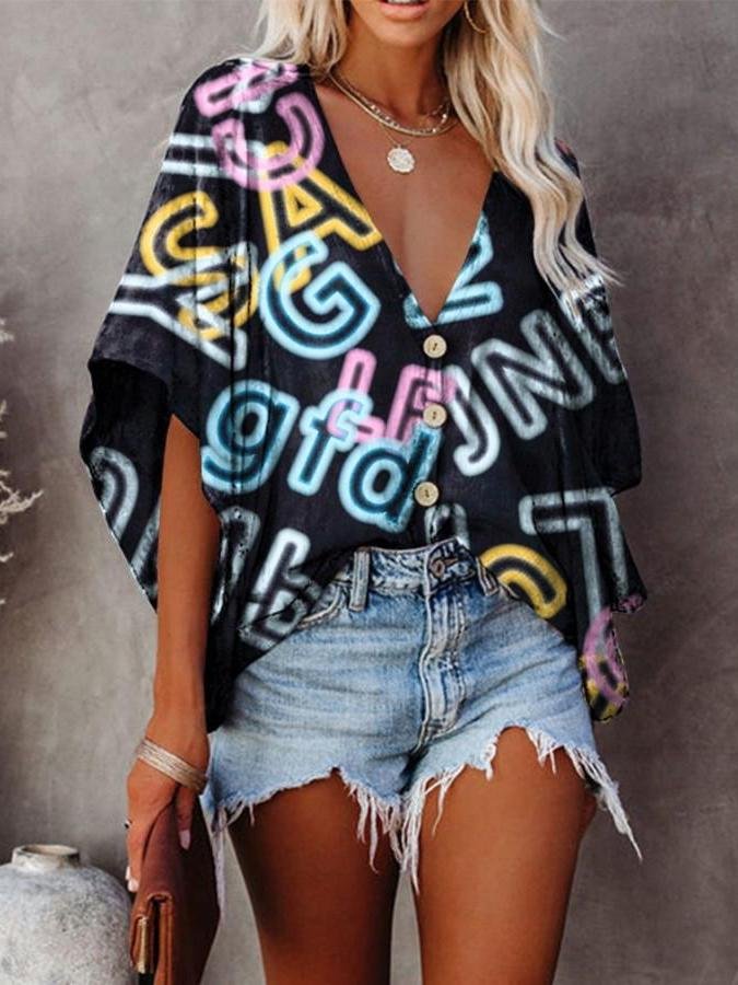 V-neck Bat Sleeve Digital Print Blouse - LuckyFash™