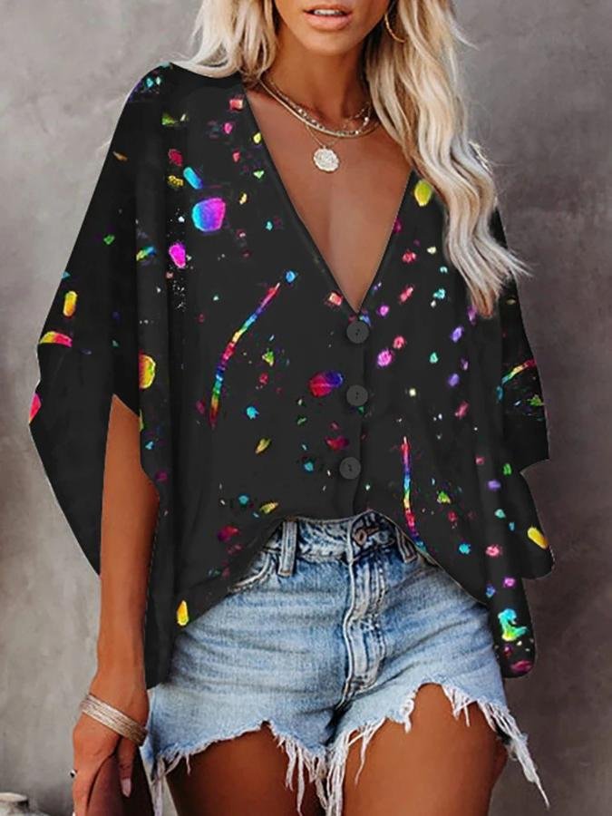 V-neck Bat Sleeve Digital Print Blouse - LuckyFash™