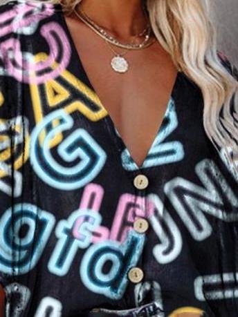 V-neck Bat Sleeve Digital Print Blouse - LuckyFash™