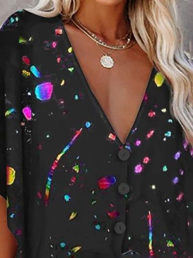 V-neck Bat Sleeve Digital Print Blouse - LuckyFash™