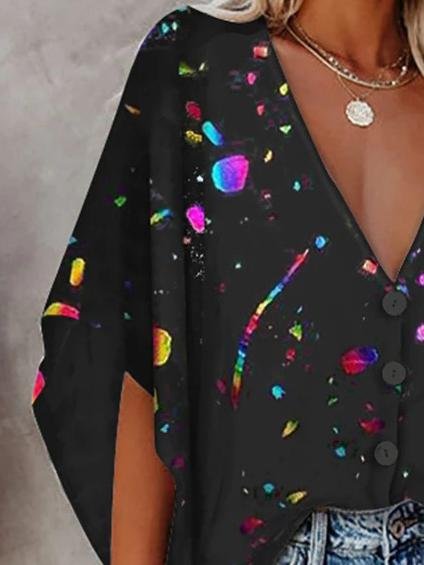 V-neck Bat Sleeve Digital Print Blouse - LuckyFash™