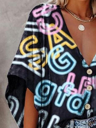 V-neck Bat Sleeve Digital Print Blouse - LuckyFash™