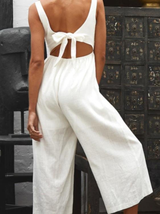 V-Neck Button Bare Back Wide-Leg Jumpsuit - LuckyFash™