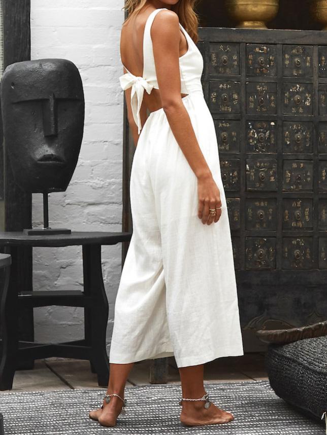 V-Neck Button Bare Back Wide-Leg Jumpsuit - LuckyFash™