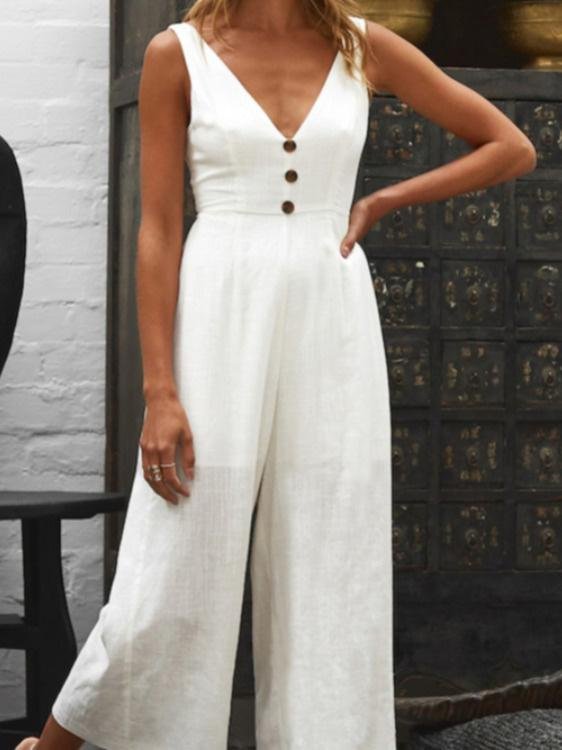 V-Neck Button Bare Back Wide-Leg Jumpsuit - LuckyFash™