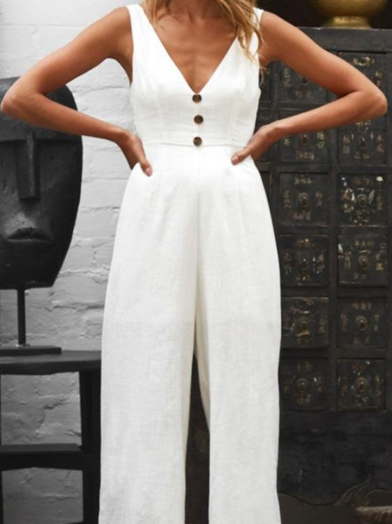 V-Neck Button Bare Back Wide-Leg Jumpsuit - LuckyFash™