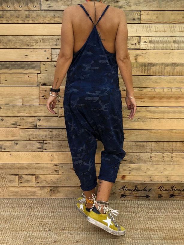V-neck Camouflage Print Suspender Jumpsuit - LuckyFash™