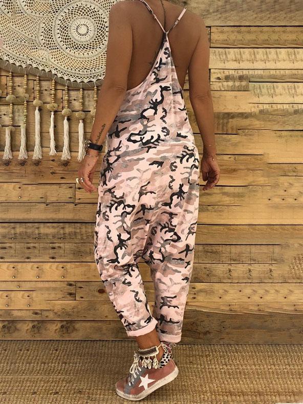 V-neck Camouflage Print Suspender Jumpsuit - LuckyFash™