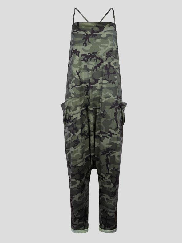 V-neck Camouflage Print Suspender Jumpsuit - LuckyFash™
