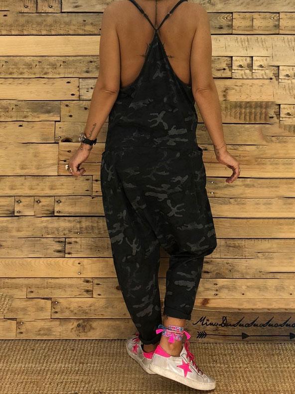 V-neck Camouflage Print Suspender Jumpsuit - LuckyFash™
