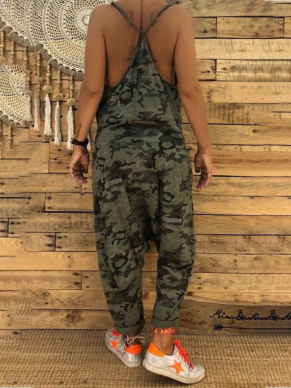 V-neck Camouflage Print Suspender Jumpsuit - LuckyFash™