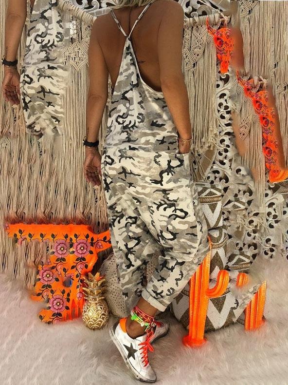 V-neck Camouflage Print Suspender Jumpsuit - LuckyFash™
