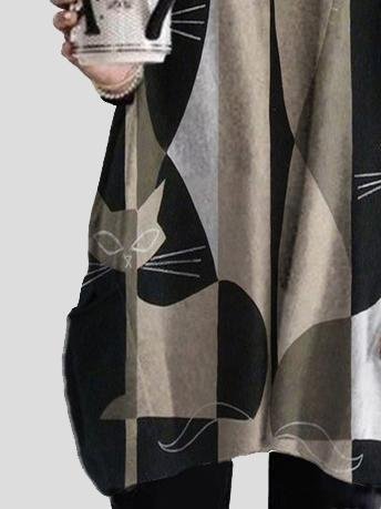 V-neck Cat Print Mid-length Top - LuckyFash™