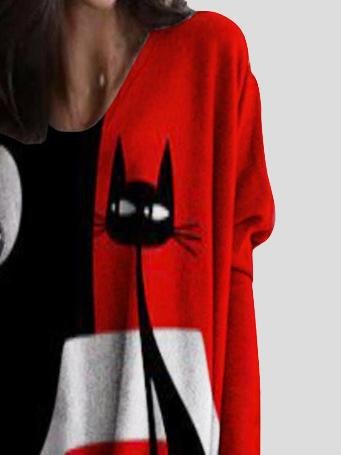 V-neck Cat Print Mid-length Top - LuckyFash™