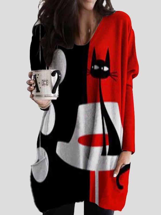 V-neck Cat Print Mid-length Top - LuckyFash™