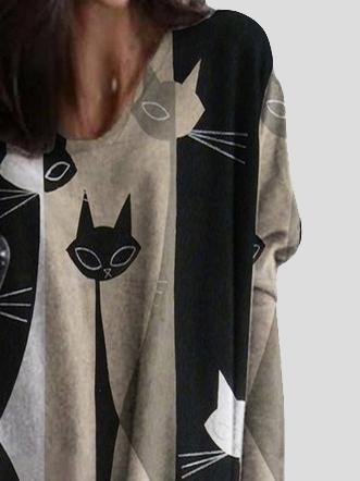 V-neck Cat Print Mid-length Top - LuckyFash™