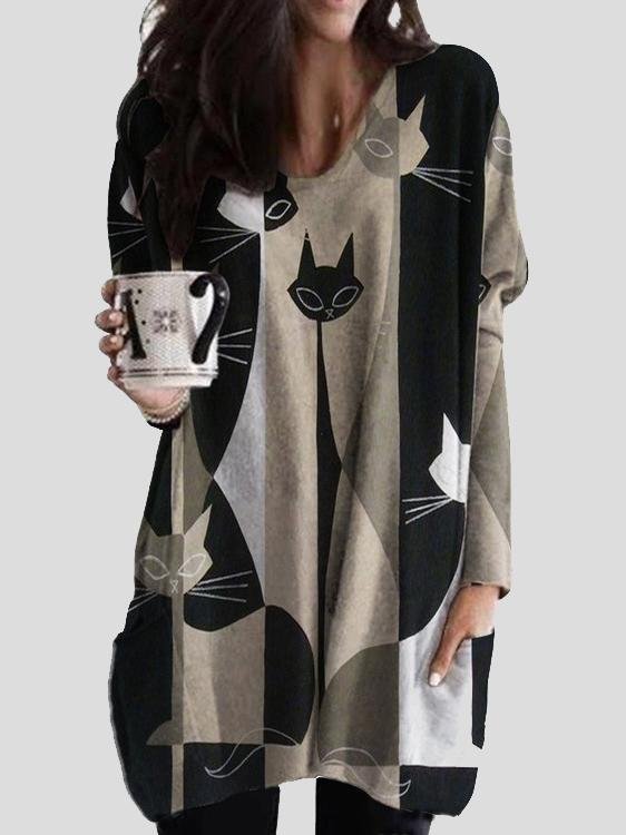 V-neck Cat Print Mid-length Top - LuckyFash™
