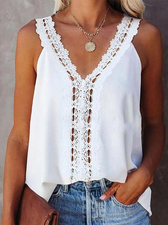 V-Neck Lace Hollow Stitching Sleeveless Vest - LuckyFash™