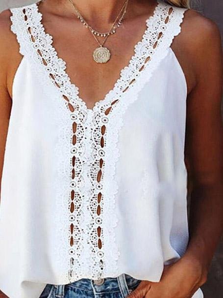 V-Neck Lace Hollow Stitching Sleeveless Vest - LuckyFash™