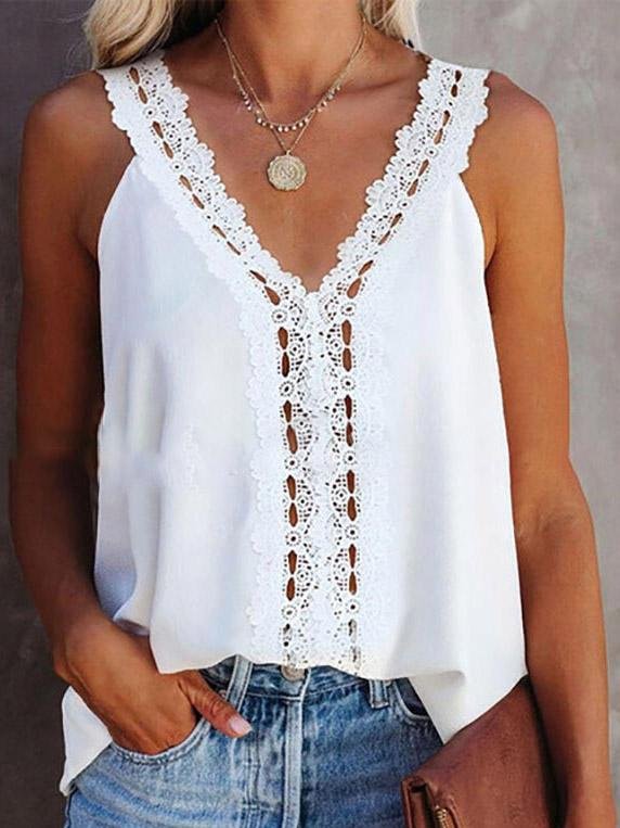 V-Neck Lace Hollow Stitching Sleeveless Vest - LuckyFash™