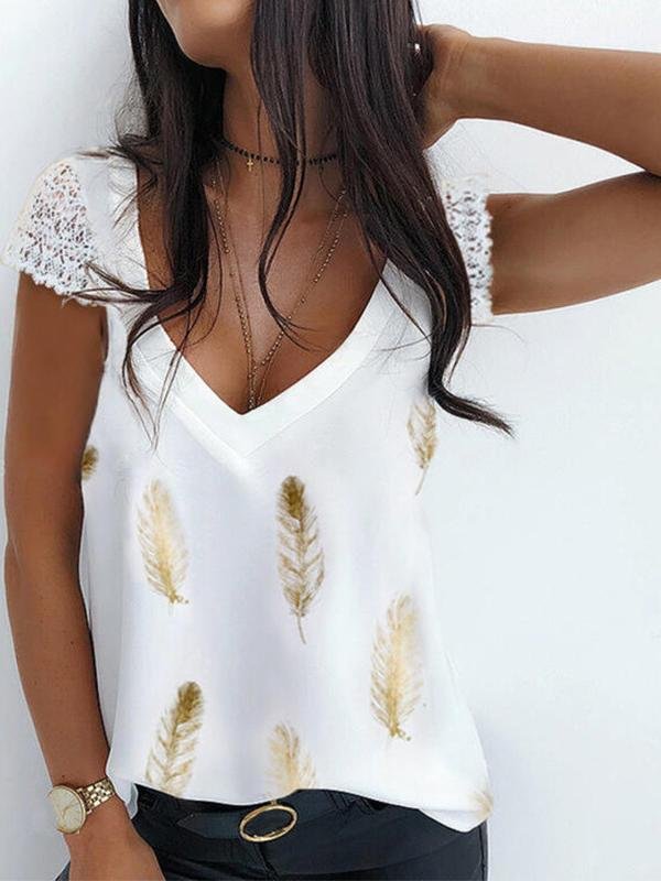 V-neck Lace Sleeves Leaf Print T-Shirts - LuckyFash™
