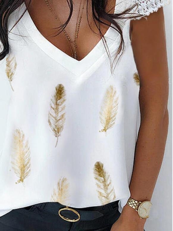 V-neck Lace Sleeves Leaf Print T-Shirts - LuckyFash™