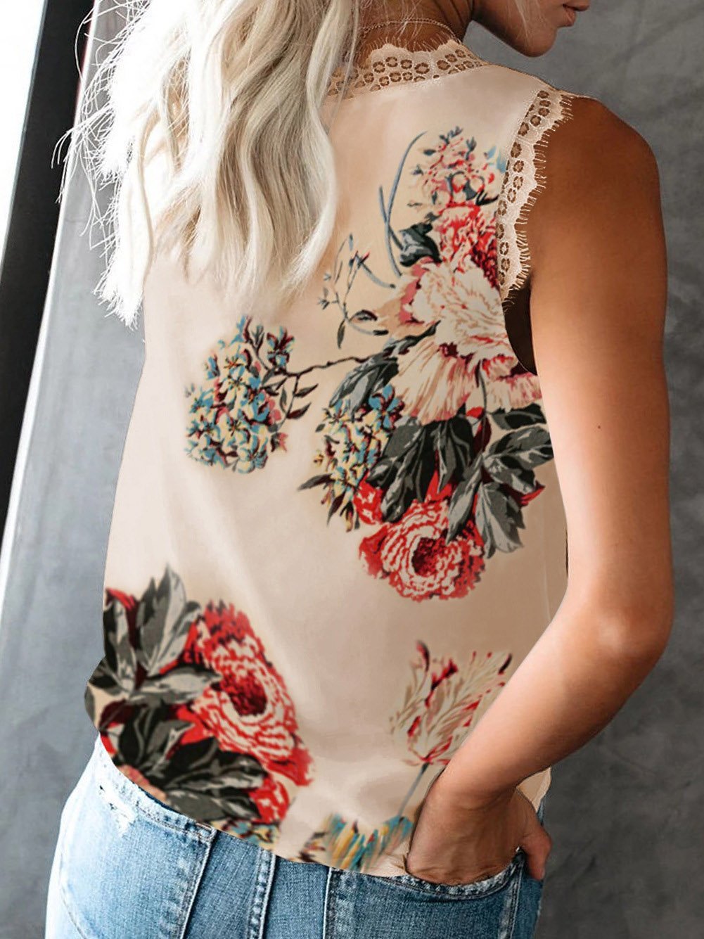 V-Neck Lashes Lace Sleeveless Print Tank Tops - LuckyFash™