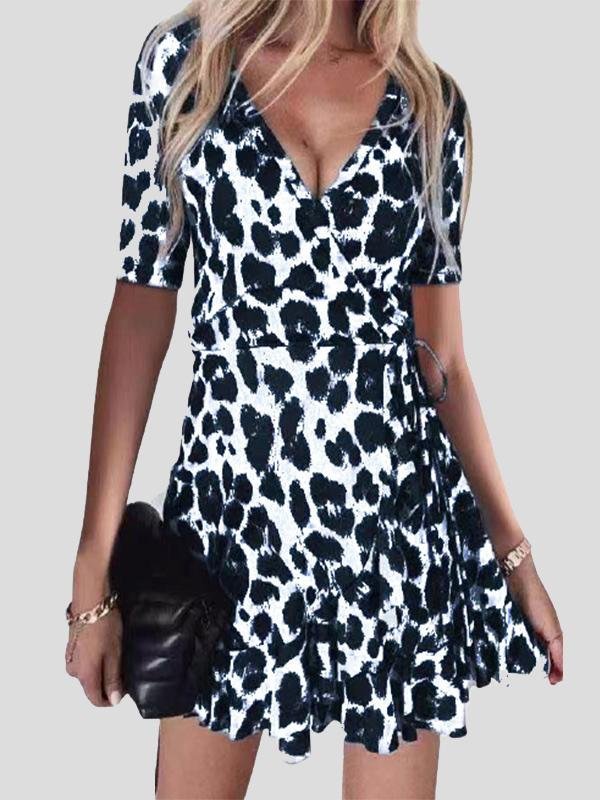 V-Neck Leopard Print Nightclub Ruffle Dress - LuckyFash™