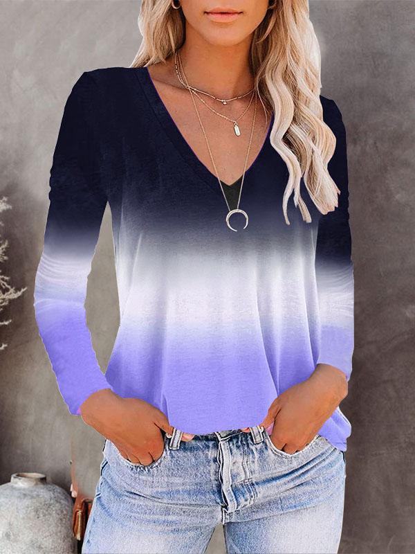 V-neck Long-sleeved Gradient T-shirt - LuckyFash™