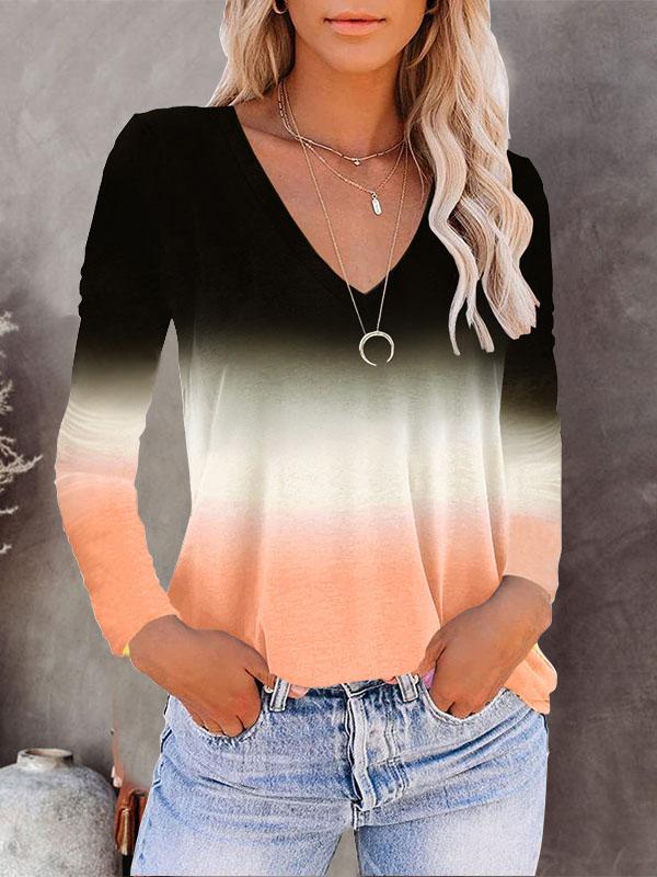 V-neck Long-sleeved Gradient T-shirt - LuckyFash™