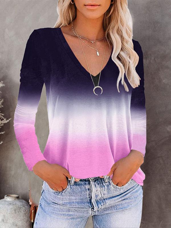 V-neck Long-sleeved Gradient T-shirt - LuckyFash™